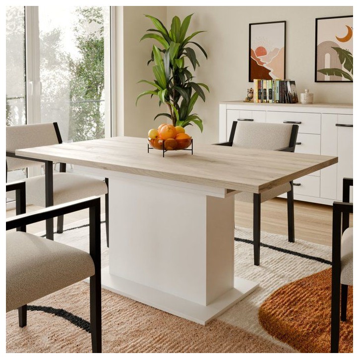 Table a manger - ELARA - Extensible - Rectangulaire - Chene / Blanc mat - 8 personnes - 160-200 x 90 x 76 cm Table a manger - ELARA - Extensible - Rectangulaire - Chene / Blanc mat - 8 personnes - 160-200 x 90 x 76 cm