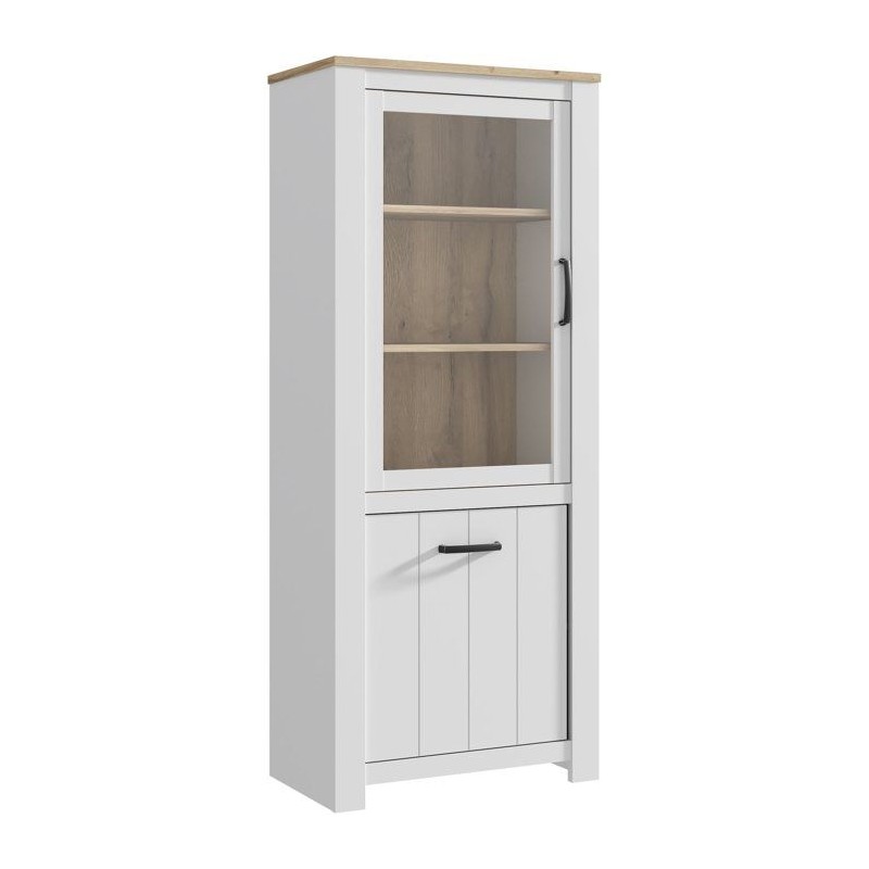 Vitrine - ELARA - 2 portes dont 1 vitrée - Chene / Blanc mat - 76,9 x