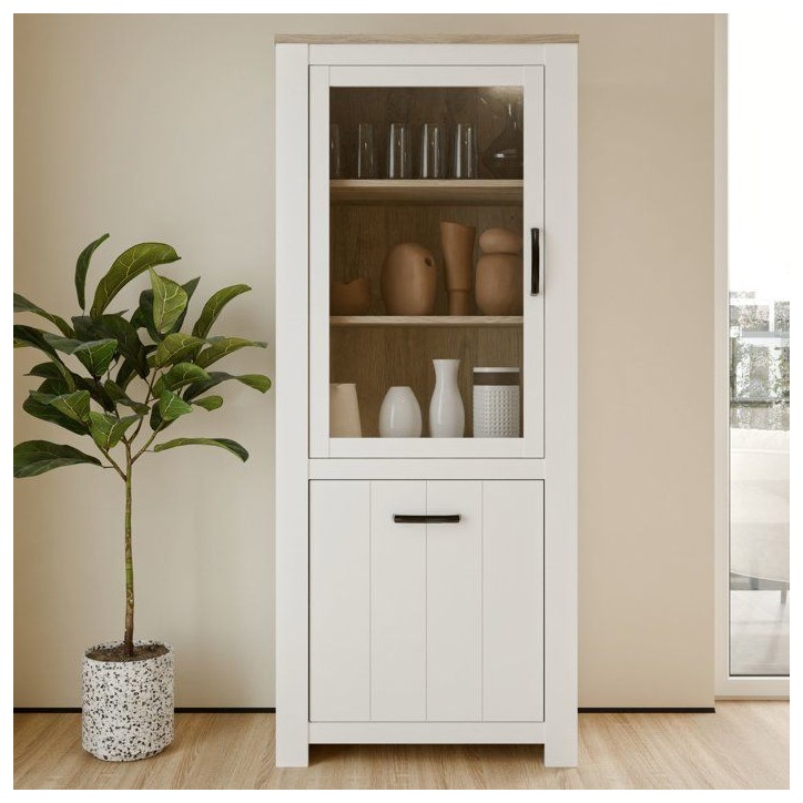 Vitrine - ELARA - 2 portes dont 1 vitrée - Chene / Blanc mat - 76,9 x 42,2 x 185,5 cm Vitrine - ELARA - 2 portes dont 1 vitrée - Chene / Blanc mat - 76,9 x 42,2 x 185,5 cm