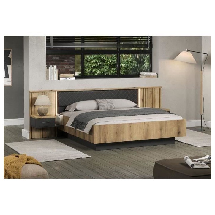 Lit avec chevets et éclairage indirect - ESTEBAN - 180 x 200 cm - Chene blond / Anthracite - TRENDTEAM Lit avec chevets et éclairage indirect - ESTEBAN - 180 x 200 cm - Chene blond / Anthracite - TRENDTEAM