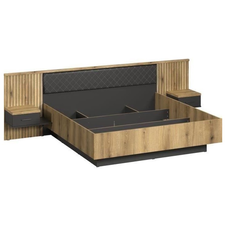 Lit avec chevets et éclairage indirect - ESTEBAN - 180 x 200 cm - Chene blond / Anthracite - TRENDTEAM Lit avec chevets et éclairage indirect - ESTEBAN - 180 x 200 cm - Chene blond / Anthracite - TRENDTEAM