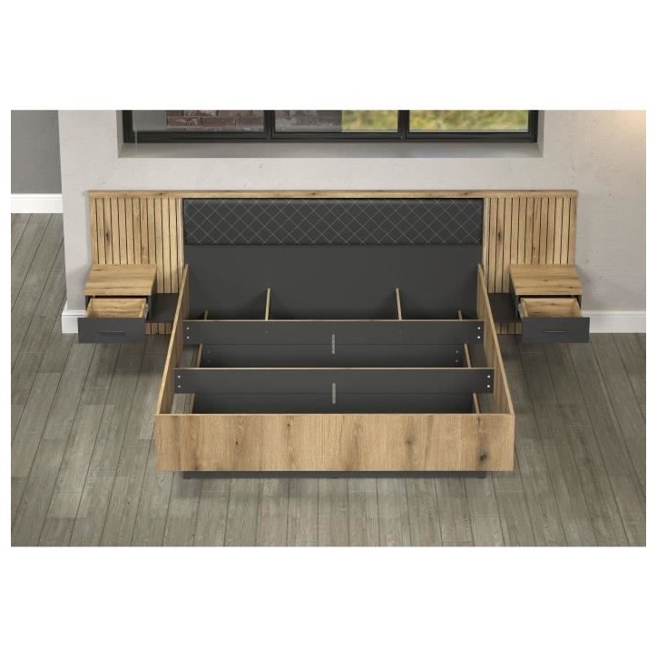 Lit avec chevets et éclairage indirect - ESTEBAN - 180 x 200 cm - Chene blond / Anthracite - TRENDTEAM Lit avec chevets et éclairage indirect - ESTEBAN - 180 x 200 cm - Chene blond / Anthracite - TRENDTEAM