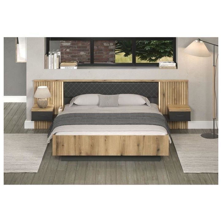Lit avec chevets et éclairage indirect - ESTEBAN - 180 x 200 cm - Chene blond / Anthracite - TRENDTEAM Lit avec chevets et éclairage indirect - ESTEBAN - 180 x 200 cm - Chene blond / Anthracite - TRENDTEAM