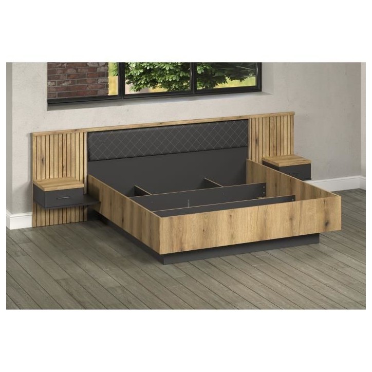 Lit avec chevets et éclairage indirect - ESTEBAN - 180 x 200 cm - Chene blond / Anthracite - TRENDTEAM Lit avec chevets et éclairage indirect - ESTEBAN - 180 x 200 cm - Chene blond / Anthracite - TRENDTEAM