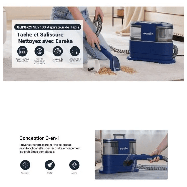 Eureka NEY100 Nettoyeur Canapé Anti-taches 12500Pa – Shampouineuse Injecteur Extracteur Tapis, Voiture + Détergent offert Eureka NEY100 Nettoyeur Canapé Anti-taches 12500Pa – Shampouineuse Injecteur Extracteur Tapis, Voiture + Détergent offert