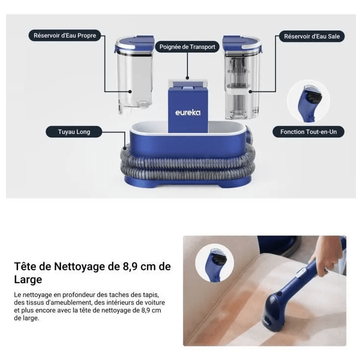 Eureka NEY100 Nettoyeur Canapé Anti-taches 12500Pa – Shampouineuse Injecteur Extracteur Tapis, Voiture + Détergent offert Eureka NEY100 Nettoyeur Canapé Anti-taches 12500Pa – Shampouineuse Injecteur Extracteur Tapis, Voiture + Détergent offert