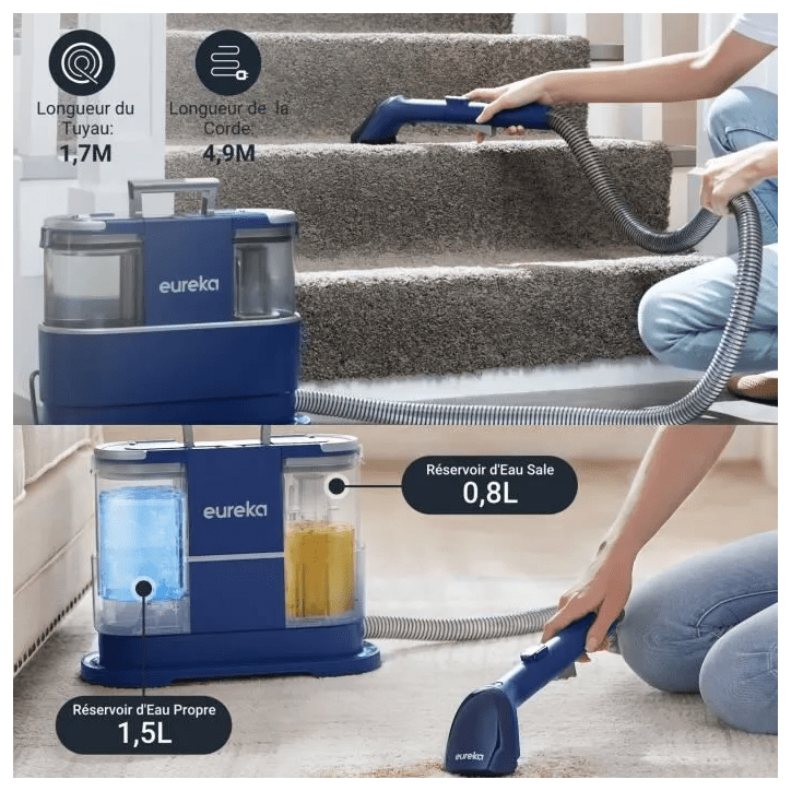 Eureka NEY100 Nettoyeur Canapé Anti-taches 12500Pa – Shampouineuse Injecteur Extracteur Tapis, Voiture + Détergent offert Eureka NEY100 Nettoyeur Canapé Anti-taches 12500Pa – Shampouineuse Injecteur Extracteur Tapis, Voiture + Détergent offert