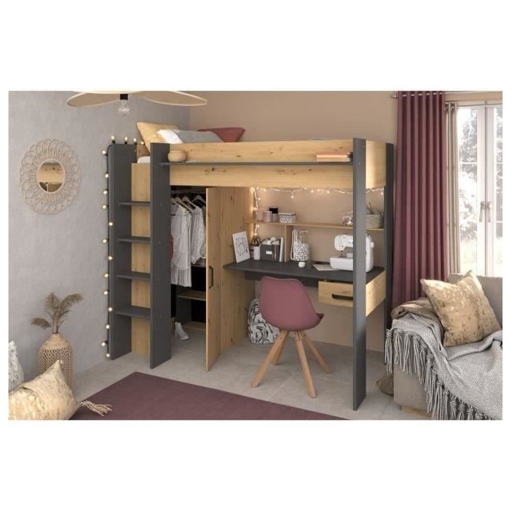 Lit combiné mezzanine enfant PARISOT HIGH - Chene et gris - Sommier inclus - 90 x 200 cm Lit combiné mezzanine enfant PARISOT HIGH - Chene et gris - Sommier inclus - 90 x 200 cm