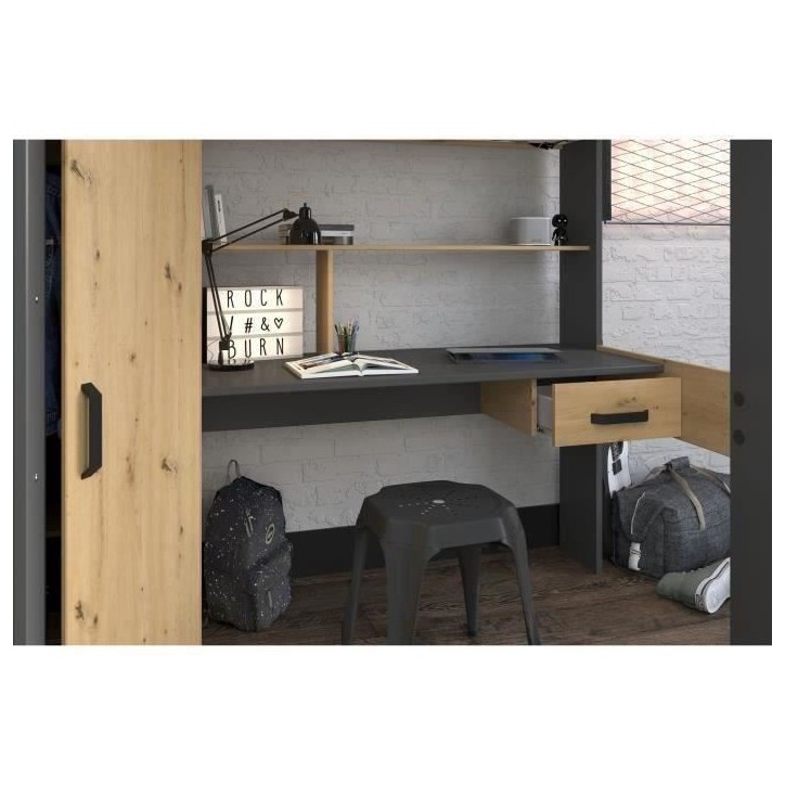 Lit combiné mezzanine enfant PARISOT HIGH - Chene et gris - Sommier inclus - 90 x 200 cm Lit combiné mezzanine enfant PARISOT HIGH - Chene et gris - Sommier inclus - 90 x 200 cm