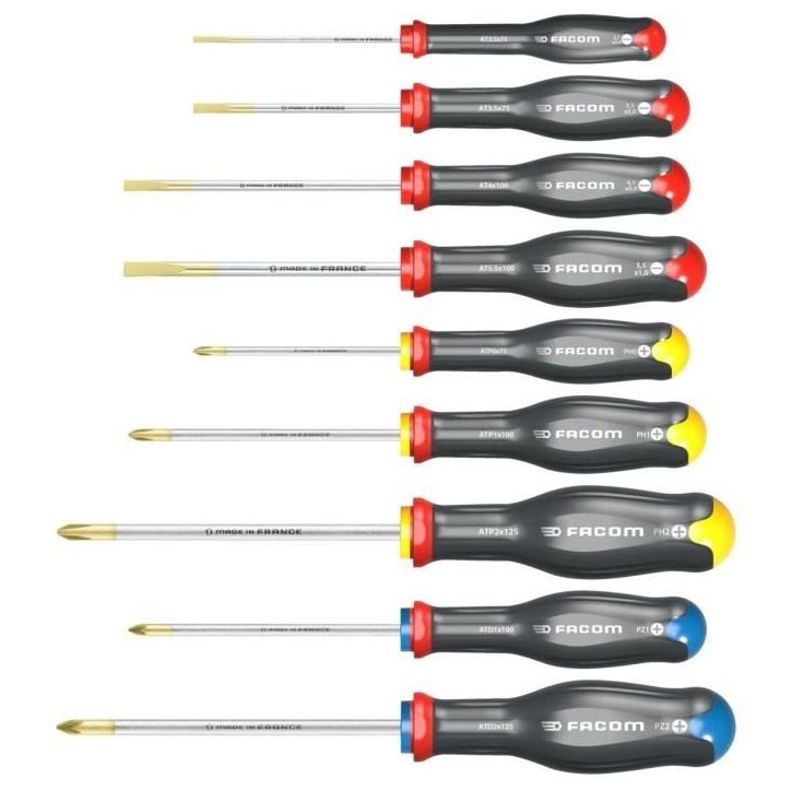 Coffret de 9 Tournevis Protwist - FACOM - AT.9PB - Fente/Phillips/Prozidriv - Standard - Gris Coffret de 9 Tournevis Protwist - FACOM - AT.9PB - Fente/Phillips/Prozidriv - Standard - Gris