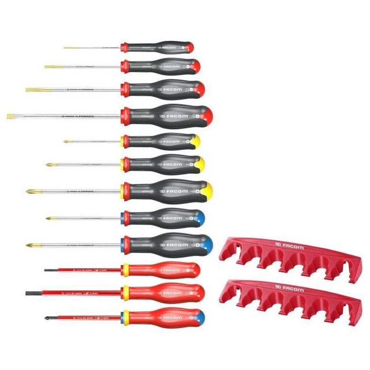 Jeu de 12 tournevis PROTWIST - FACOM - AT.J12R1PB + 2 racks de rangement - Jeu de 12 tournevis PROTWIST - FACOM - AT.J12R1PB + 2 racks de rangement -