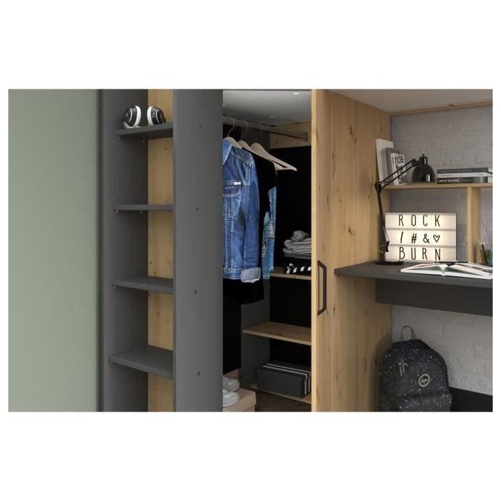 Lit combiné mezzanine enfant PARISOT HIGH - Chene et gris - Sommier inclus - 90 x 200 cm Lit combiné mezzanine enfant PARISOT HIGH - Chene et gris - Sommier inclus - 90 x 200 cm