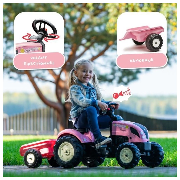 Tracteur a pédales Country Star - FALK - Avec remorque - Rose - 100% Fabriqué en France - 50% de plastique recyclé - Des 2 an Tracteur a pédales Country Star - FALK - Avec remorque - Rose - 100% Fabriqué en France - 50% de plastique recyclé - Des 2 an