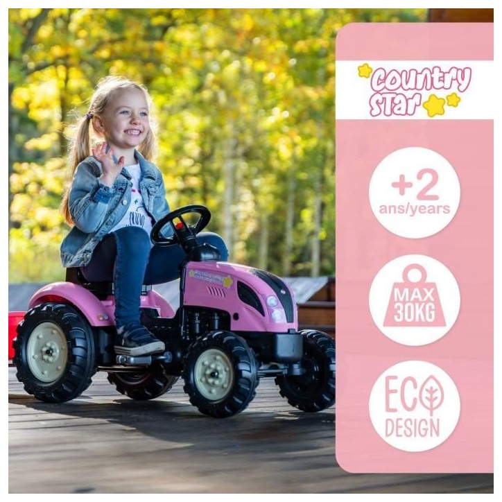 Tracteur a pédales Country Star - FALK - Avec remorque - Rose - 100% Fabriqué en France - 50% de plastique recyclé - Des 2 an Tracteur a pédales Country Star - FALK - Avec remorque - Rose - 100% Fabriqué en France - 50% de plastique recyclé - Des 2 an