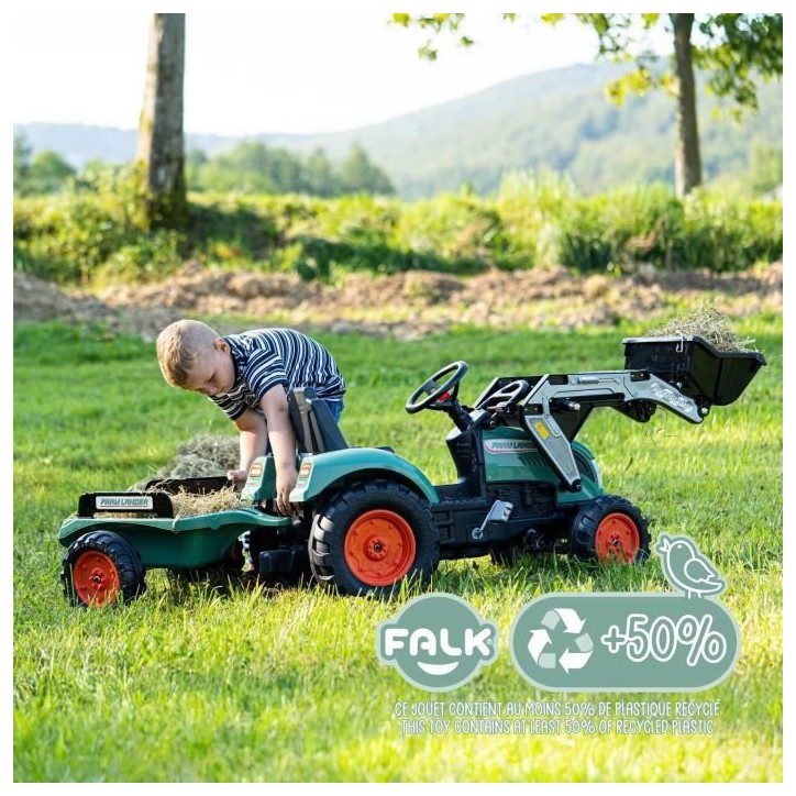 Tractopelle a pédales Farm Lander - FALK - Volant directionnel, Remorque - Fabriqué en France - 50% de plastique recyclé - De Tractopelle a pédales Farm Lander - FALK - Volant directionnel, Remorque - Fabriqué en France - 50% de plastique recyclé - De