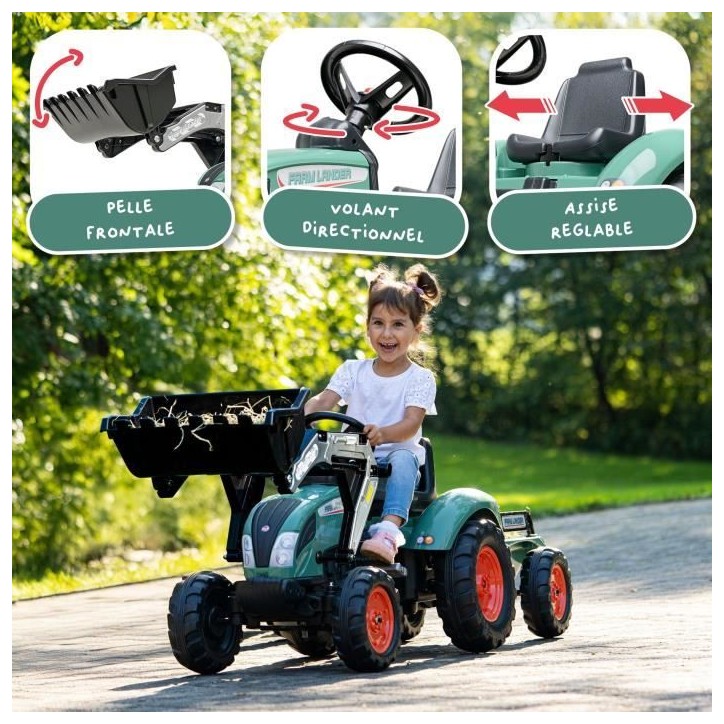 Tractopelle a pédales Farm Lander - FALK - Volant directionnel, Remorque - Fabriqué en France - 50% de plastique recyclé - De Tractopelle a pédales Farm Lander - FALK - Volant directionnel, Remorque - Fabriqué en France - 50% de plastique recyclé - De