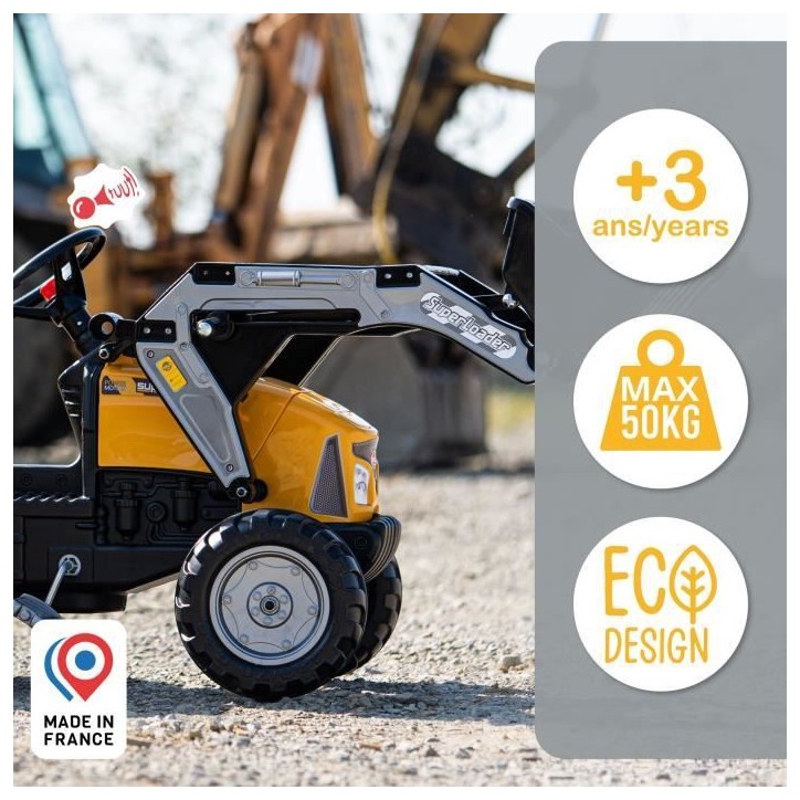 Tractopelle a pédales SuperBuilder - FALK - Capot ouvrant et remorque - Fabriqué en France - 60% de plastique recyclé - Des 3 Tractopelle a pédales SuperBuilder - FALK - Capot ouvrant et remorque - Fabriqué en France - 60% de plastique recyclé - Des 3