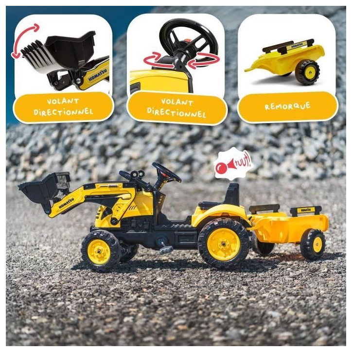 Tractopelle a pédales Komatsu - FALK - Pelle frontale et Remorque - 100% Fabriqué en France - 40% de plastique recyclé - Des Tractopelle a pédales Komatsu - FALK - Pelle frontale et Remorque - 100% Fabriqué en France - 40% de plastique recyclé - Des