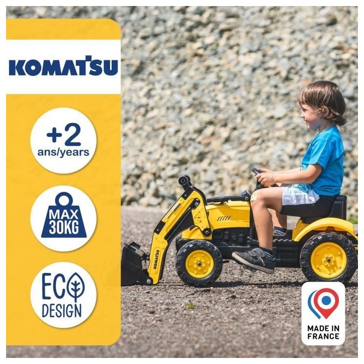 Tractopelle a pédales Komatsu - FALK - Pelle frontale et Remorque - 100% Fabriqué en France - 40% de plastique recyclé - Des Tractopelle a pédales Komatsu - FALK - Pelle frontale et Remorque - 100% Fabriqué en France - 40% de plastique recyclé - Des