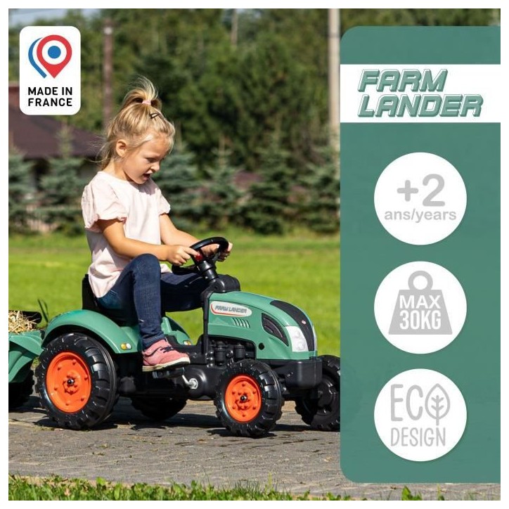 Tracteur a pédales Farm Lander - FALK - Avec remorque - Fabriqué en France - Contient au moins 50% de plastique recyclé - Des Tracteur a pédales Farm Lander - FALK - Avec remorque - Fabriqué en France - Contient au moins 50% de plastique recyclé - Des