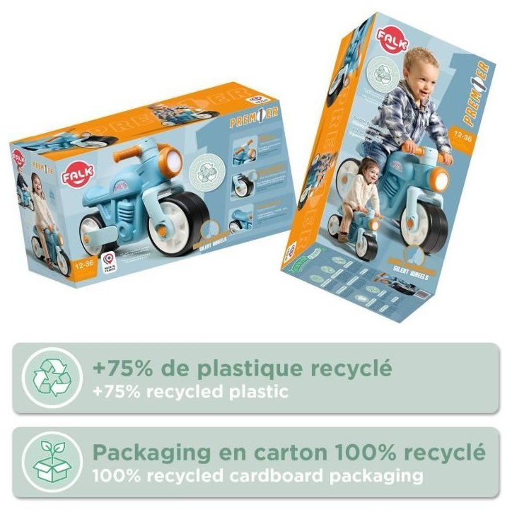 Draisienne Moto Premier - FALK - Avec roues silencieuses - Bleu - 75% Plastique Recyclé - 100% Fabriqué en France - Des 12 mo Draisienne Moto Premier - FALK - Avec roues silencieuses - Bleu - 75% Plastique Recyclé - 100% Fabriqué en France - Des 12 mo