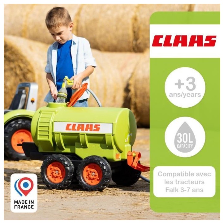 Remorque Citerne Claas - FALK - Capacité 30L - Vert - Adaptable avec les tracteurs FALK 3-7 ans - 100% Fabriqué en France Remorque Citerne Claas - FALK - Capacité 30L - Vert - Adaptable avec les tracteurs FALK 3-7 ans - 100% Fabriqué en France