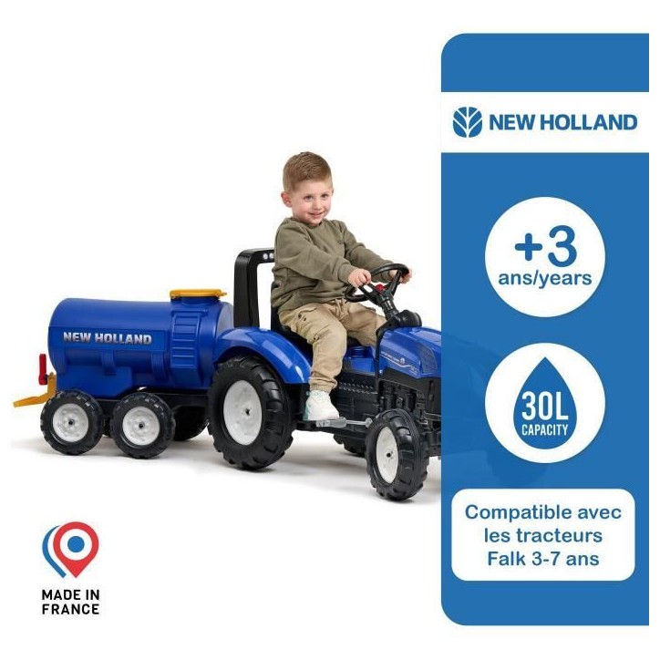 Remorque Citerne New Holland - FALK - Capacité 30L - Bleu- Adaptable avec les tracteurs FALK 3-7 ans - 100% Fabriqué en France Remorque Citerne New Holland - FALK - Capacité 30L - Bleu- Adaptable avec les tracteurs FALK 3-7 ans - 100% Fabriqué en France