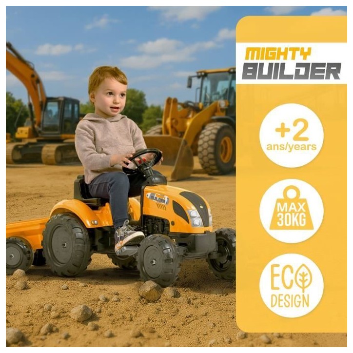 Tracteur a pédales Mighty Builder - FALK - Avec remorque - 100% Fabriqué en France - Au moins 50% de plastique recyclé - Des Tracteur a pédales Mighty Builder - FALK - Avec remorque - 100% Fabriqué en France - Au moins 50% de plastique recyclé - Des