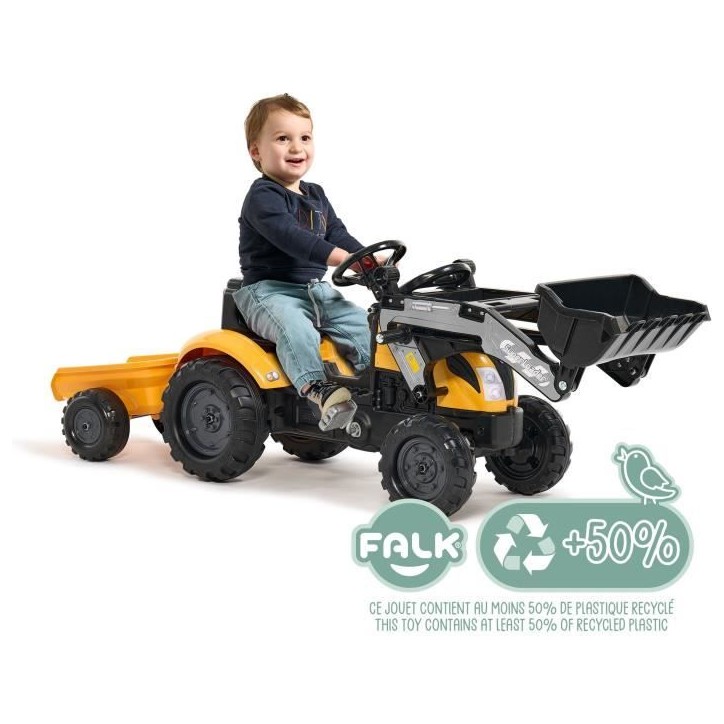 Tracteur a pédales Mighty Builder - FALK - Avec remorque - Jaune - 100% Fabriqué en France - 50% de plastique recyclé - Des 2 Tracteur a pédales Mighty Builder - FALK - Avec remorque - Jaune - 100% Fabriqué en France - 50% de plastique recyclé - Des 2
