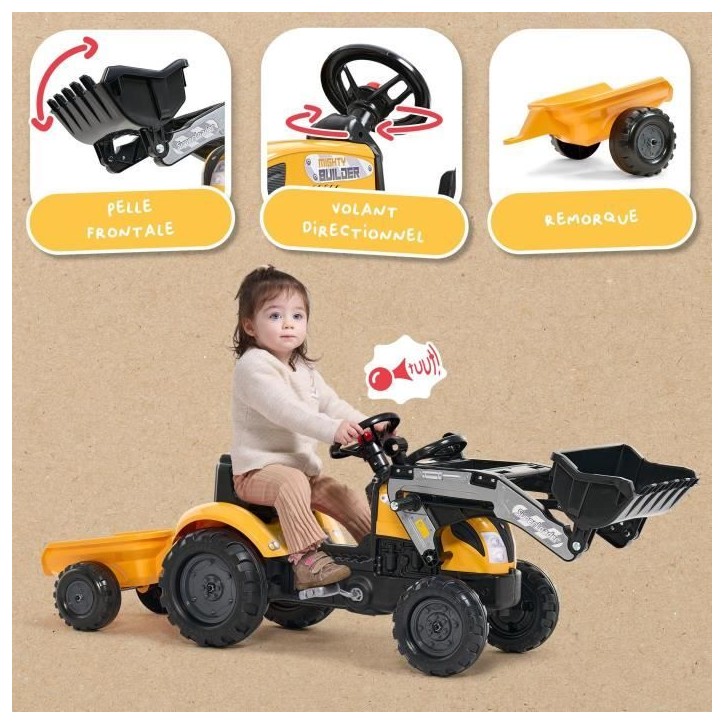 Tracteur a pédales Mighty Builder - FALK - Avec remorque - Jaune - 100% Fabriqué en France - 50% de plastique recyclé - Des 2 Tracteur a pédales Mighty Builder - FALK - Avec remorque - Jaune - 100% Fabriqué en France - 50% de plastique recyclé - Des 2