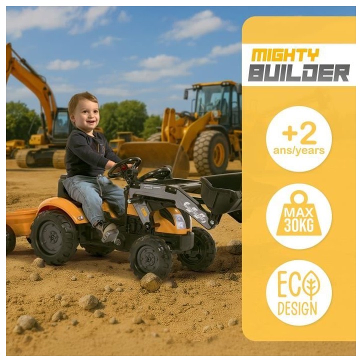 Tracteur a pédales Mighty Builder - FALK - Avec remorque - Jaune - 100% Fabriqué en France - 50% de plastique recyclé - Des 2 Tracteur a pédales Mighty Builder - FALK - Avec remorque - Jaune - 100% Fabriqué en France - 50% de plastique recyclé - Des 2