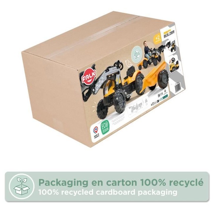 Tracteur a pédales Mighty Builder - FALK - Avec remorque - Jaune - 100% Fabriqué en France - 50% de plastique recyclé - Des 2 Tracteur a pédales Mighty Builder - FALK - Avec remorque - Jaune - 100% Fabriqué en France - 50% de plastique recyclé - Des 2