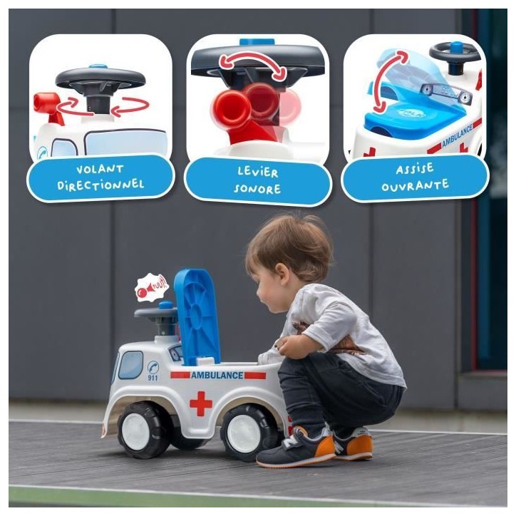 Porteur Ambulance - FALK - Avec assise ouvrante et volant directionnel avec klaxon - Rouge - 100% Fabriqué en France - Des 12 m