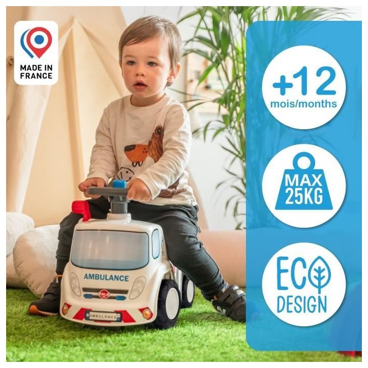 Porteur Ambulance - FALK - Avec assise ouvrante et volant directionnel avec klaxon - Rouge - 100% Fabriqué en France - Des 12 m
