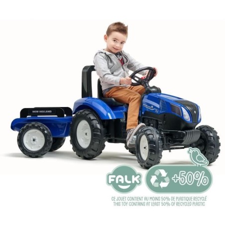 Tracteur a pédales New Holland - FALK - Volant directionnel et Remorque - Fabriqué en France - 60% de plastique recyclé - Des