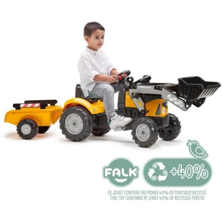 Tractopelle a pédales SuperBuilder - FALK - Volant directionnel, Remorque - Fabriqué en France, 40% de plastique recyclé - De