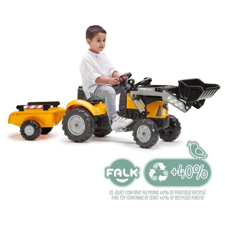 Tractopelle a pédales SuperBuilder - FALK - Volant directionnel, Remorque - Fabriqué en France, 40% de plastique recyclé - De Tractopelle a pédales SuperBuilder - FALK - Volant directionnel, Remorque - Fabriqué en France, 40% de plastique recyclé - De