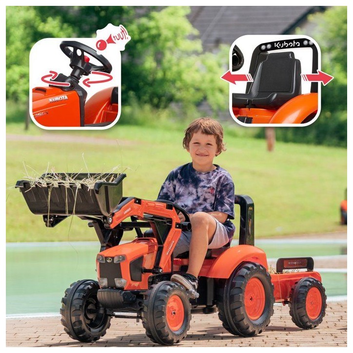 Tractopelle a pédales - FALK - Kubota - Avec remorque - Des 3 ans - 100% Fabriqué en France - Au moins 50% de plastique recycl Tractopelle a pédales - FALK - Kubota - Avec remorque - Des 3 ans - 100% Fabriqué en France - Au moins 50% de plastique recycl