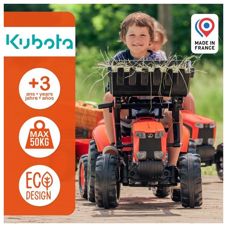 Tractopelle a pédales - FALK - Kubota - Avec remorque - Des 3 ans - 100% Fabriqué en France - Au moins 50% de plastique recycl Tractopelle a pédales - FALK - Kubota - Avec remorque - Des 3 ans - 100% Fabriqué en France - Au moins 50% de plastique recycl