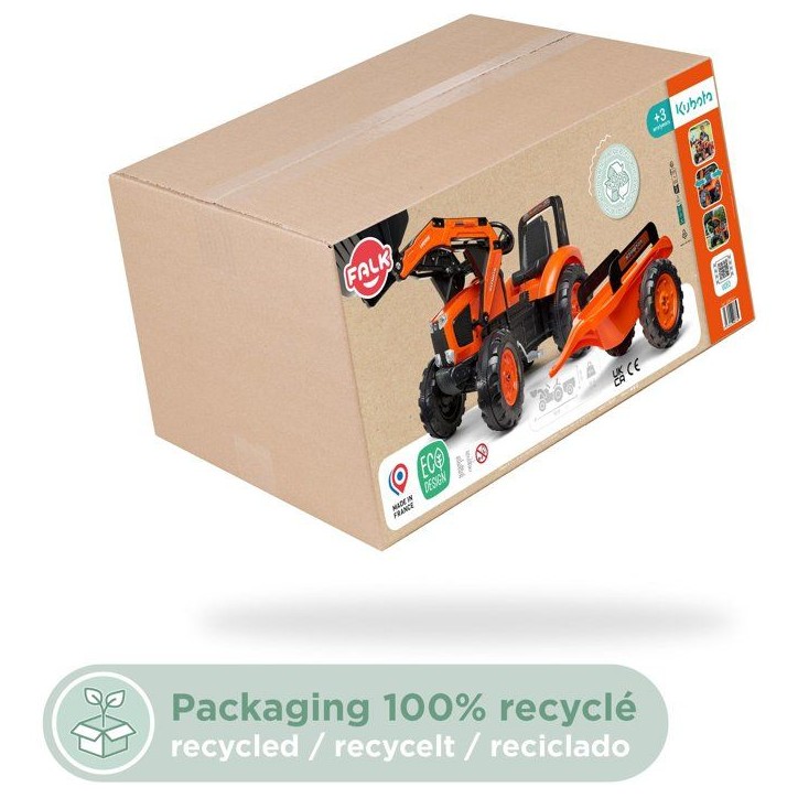Tractopelle a pédales - FALK - Kubota - Avec remorque - Des 3 ans - 100% Fabriqué en France - Au moins 50% de plastique recycl Tractopelle a pédales - FALK - Kubota - Avec remorque - Des 3 ans - 100% Fabriqué en France - Au moins 50% de plastique recycl
