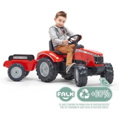 Tracteur a pédales Massey Ferguson - FALK - Volant directionnel, Remorque - Fabriqué en France - 60% de plastique recyclé, De