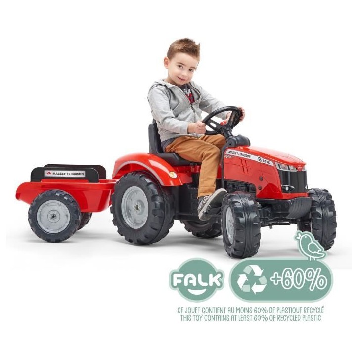 Tracteur a pédales Massey Ferguson - FALK - Volant directionnel, Remorque - Fabriqué en France - 60% de plastique recyclé, De Tracteur a pédales Massey Ferguson - FALK - Volant directionnel, Remorque - Fabriqué en France - 60% de plastique recyclé, De