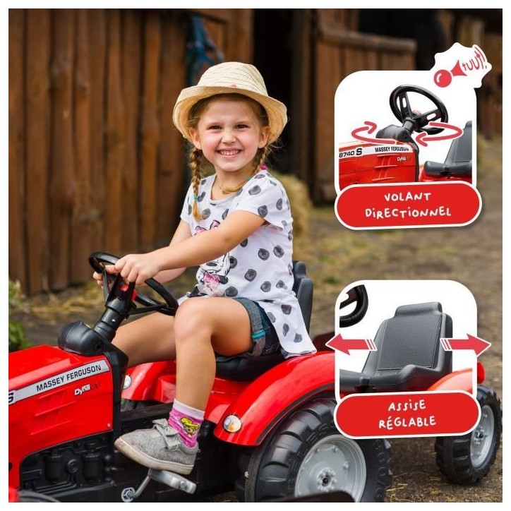 Tracteur a pédales Massey Ferguson - FALK - Volant directionnel, Remorque - Fabriqué en France - 60% de plastique recyclé, De Tracteur a pédales Massey Ferguson - FALK - Volant directionnel, Remorque - Fabriqué en France - 60% de plastique recyclé, De