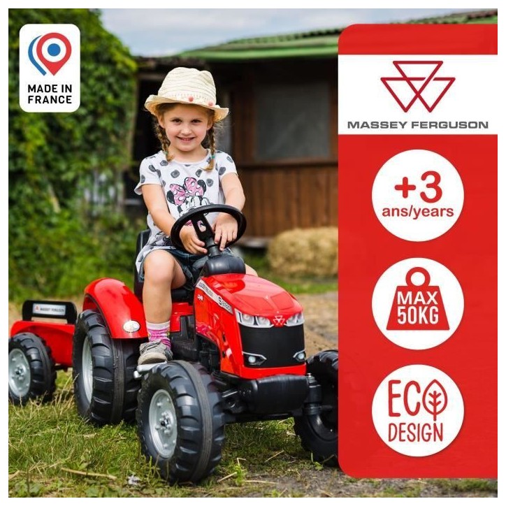 Tracteur a pédales Massey Ferguson - FALK - Volant directionnel, Remorque - Fabriqué en France - 60% de plastique recyclé, De Tracteur a pédales Massey Ferguson - FALK - Volant directionnel, Remorque - Fabriqué en France - 60% de plastique recyclé, De