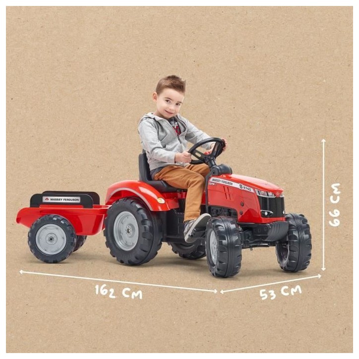 Tracteur a pédales Massey Ferguson - FALK - Volant directionnel, Remorque - Fabriqué en France - 60% de plastique recyclé, De Tracteur a pédales Massey Ferguson - FALK - Volant directionnel, Remorque - Fabriqué en France - 60% de plastique recyclé, De