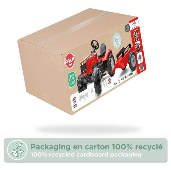 Tracteur a pédales Massey Ferguson - FALK - Volant directionnel, Remorque - Fabriqué en France - 60% de plastique recyclé, De Tracteur a pédales Massey Ferguson - FALK - Volant directionnel, Remorque - Fabriqué en France - 60% de plastique recyclé, De