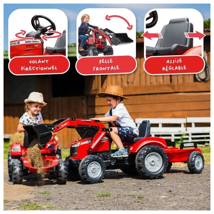Tractopelle a pédales Massey Ferguson - FALK -Pelle frontale et Remorque - Fabriqué en France - 50% de plastique recyclé - De Tractopelle a pédales Massey Ferguson - FALK -Pelle frontale et Remorque - Fabriqué en France - 50% de plastique recyclé - De