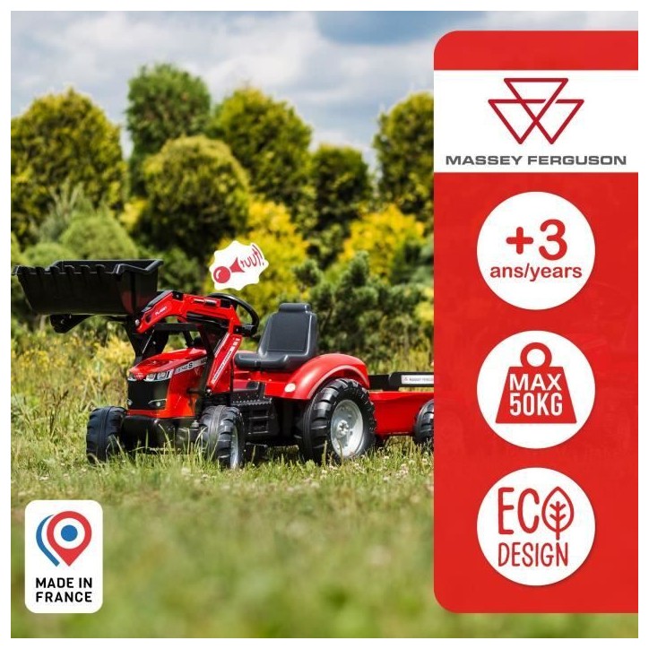 Tractopelle a pédales Massey Ferguson - FALK -Pelle frontale et Remorque - Fabriqué en France - 50% de plastique recyclé - De Tractopelle a pédales Massey Ferguson - FALK -Pelle frontale et Remorque - Fabriqué en France - 50% de plastique recyclé - De