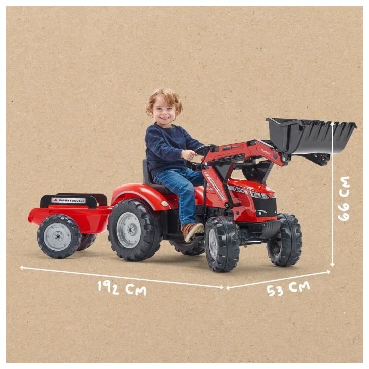 Tractopelle a pédales Massey Ferguson - FALK -Pelle frontale et Remorque - Fabriqué en France - 50% de plastique recyclé - De Tractopelle a pédales Massey Ferguson - FALK -Pelle frontale et Remorque - Fabriqué en France - 50% de plastique recyclé - De