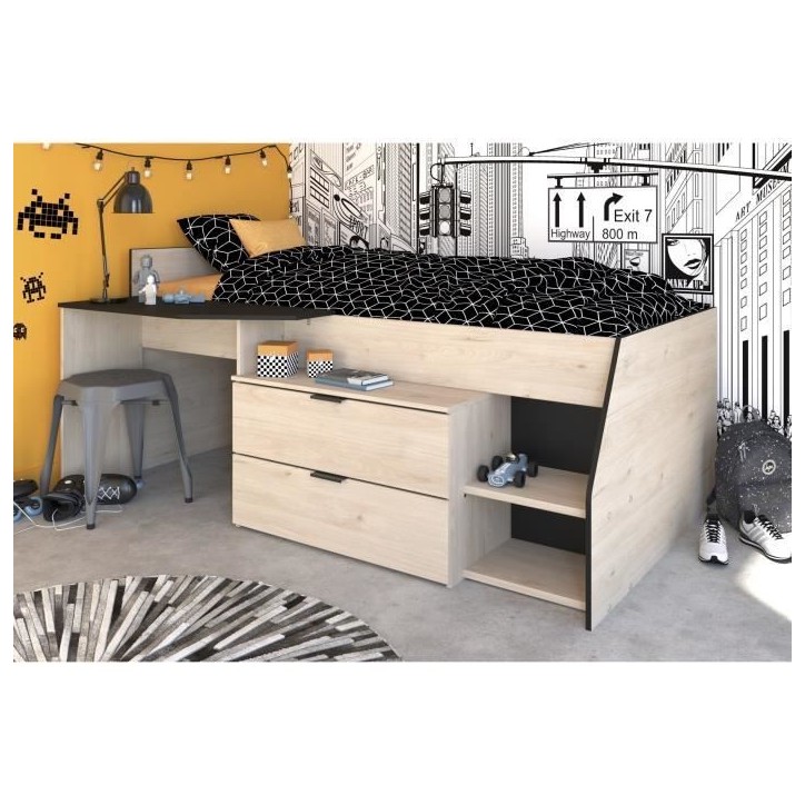 Lit Combiné enfant PARISOT Kim - Chene Jackson et Noir - 90x190/200 cm